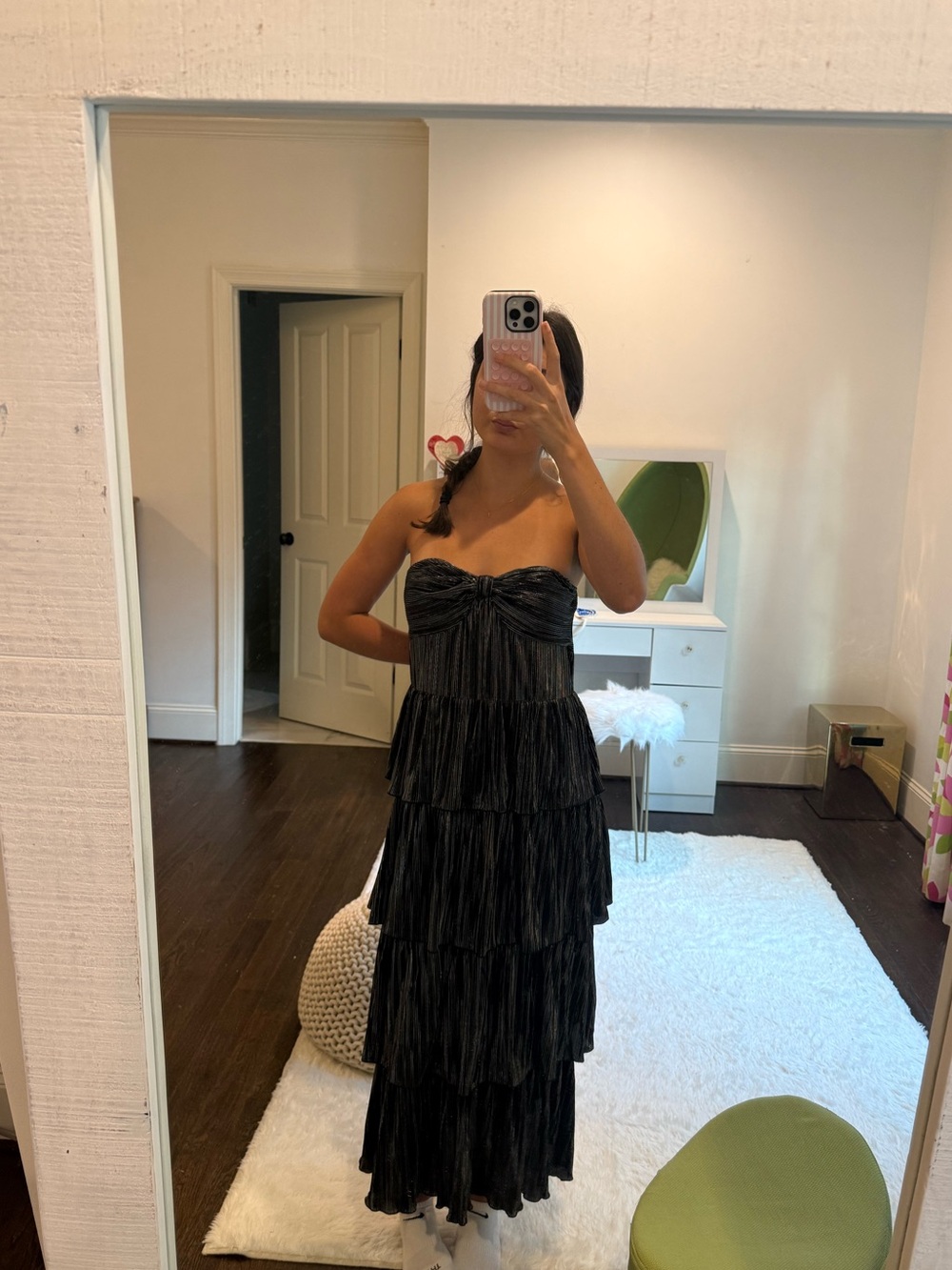 Lovers & Friends Strapless Tiered Midi Dress in Black and Metallic Silver